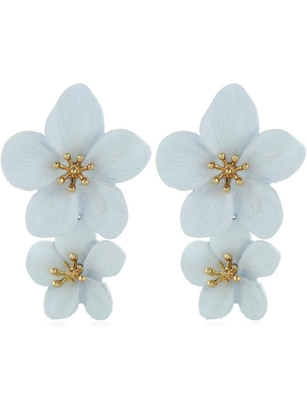 Women's White Elegant Double Flowers Dangle Layered Floral Petal Drop Earring